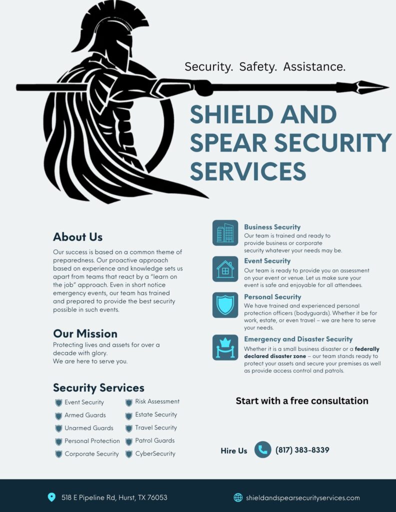 Shield and Spear Security Services flyer listing services and about us and mission statement, offering business and event security, personal protection and emergency disaster security, FEMA certified.