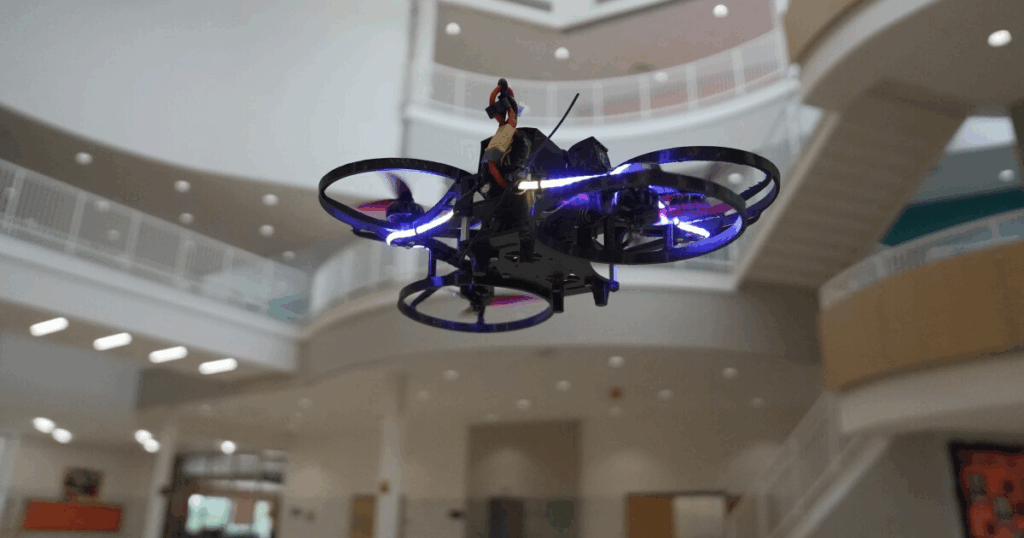image of a drone inside a school being used to detect and deter active shooters